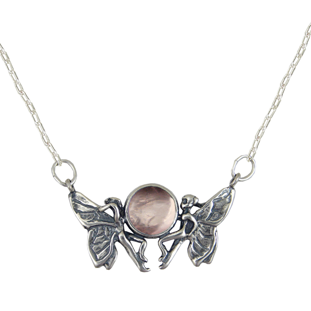 Sterling Silver Pair of Fairies Necklace With Rose Quartz
